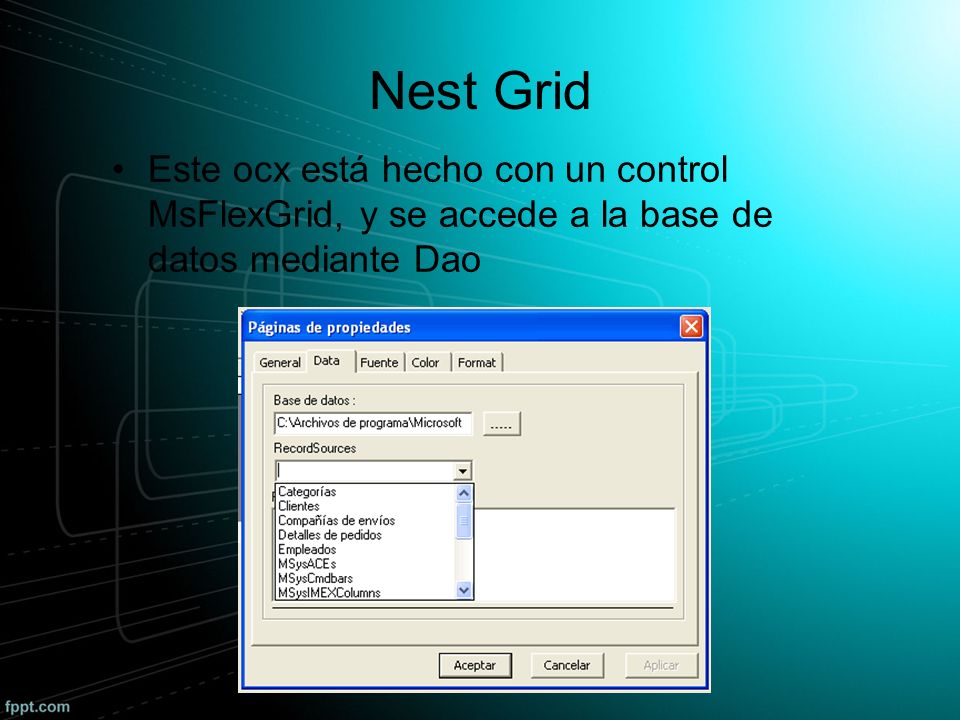 Nest Grid Este ocx está hecho con un control MsFlexGrid, y se accede a la base de datos mediante Dao.