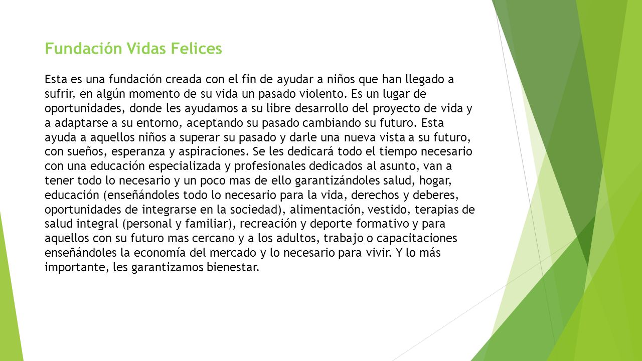 Fundación Vidas Felices Esta es una fundación creada con el fin de ayudar a niños que han llegado a sufrir, en algún momento de su vida un pasado violento.