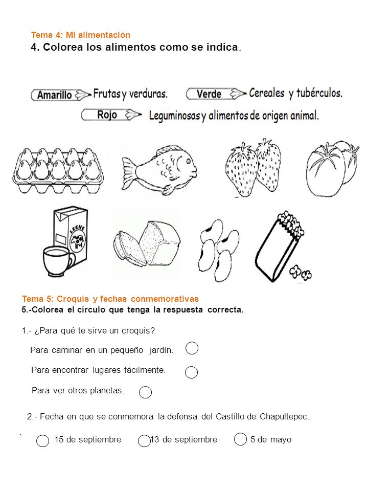 4. Colorea los alimentos como se indica.