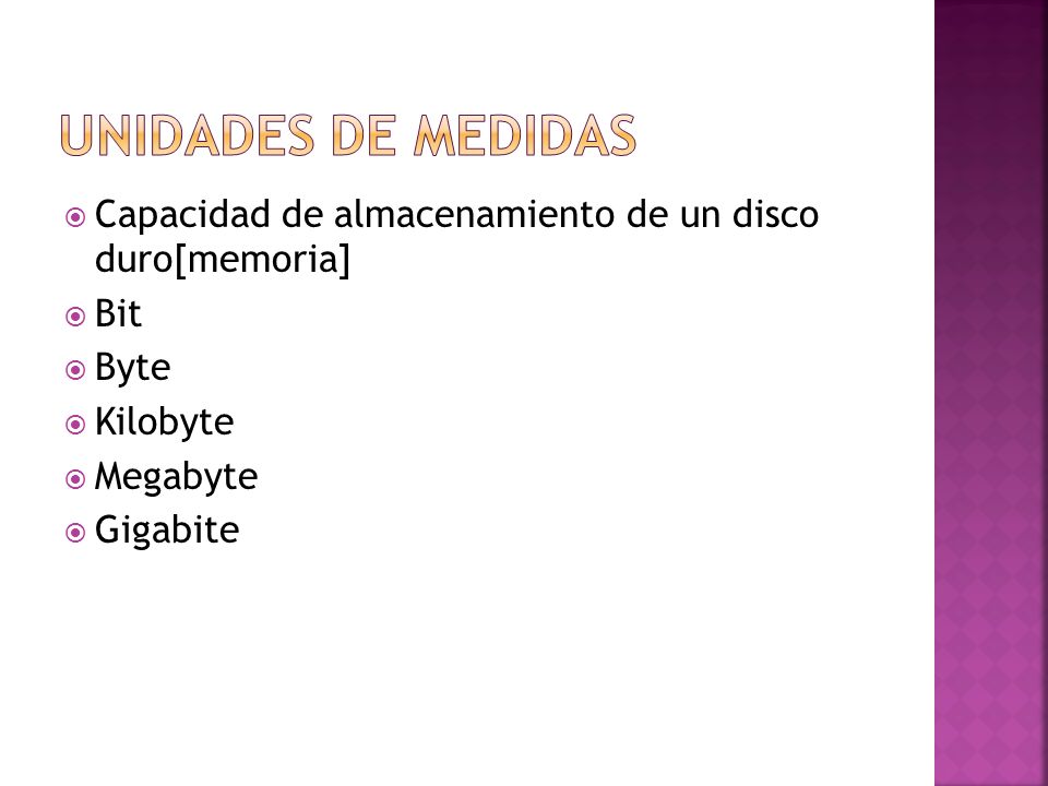 Unidades de medidas Capacidad de almacenamiento de un disco duro[memoria] Bit. Byte. Kilobyte. Megabyte.