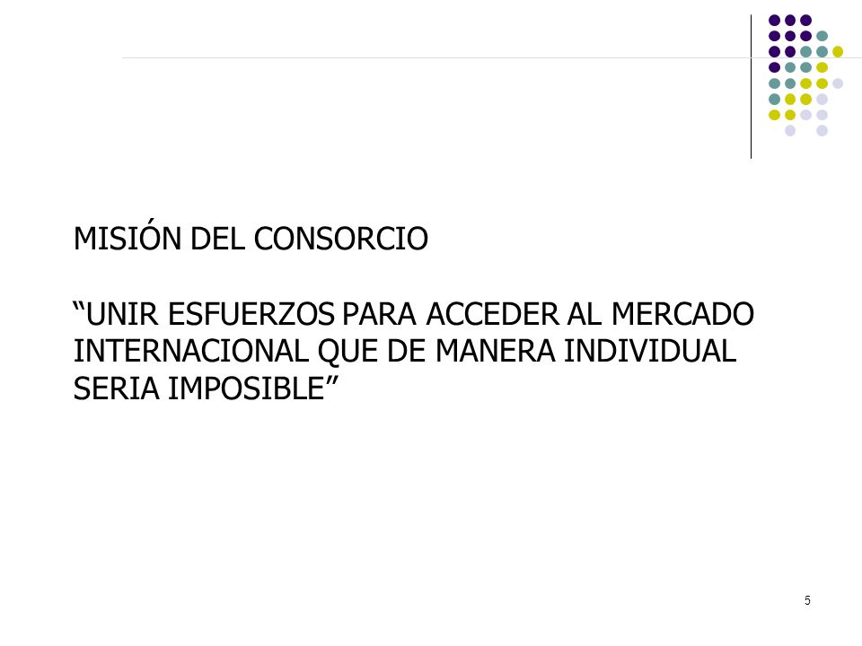 MISIÓN DEL CONSORCIO UNIR ESFUERZOS PARA ACCEDER AL MERCADO INTERNACIONAL QUE DE MANERA INDIVIDUAL SERIA IMPOSIBLE