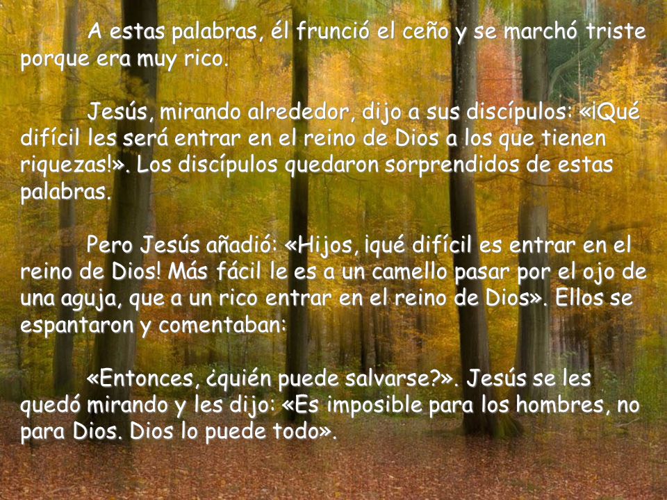 A estas palabras, él frunció el ceño y se marchó triste porque era muy rico.