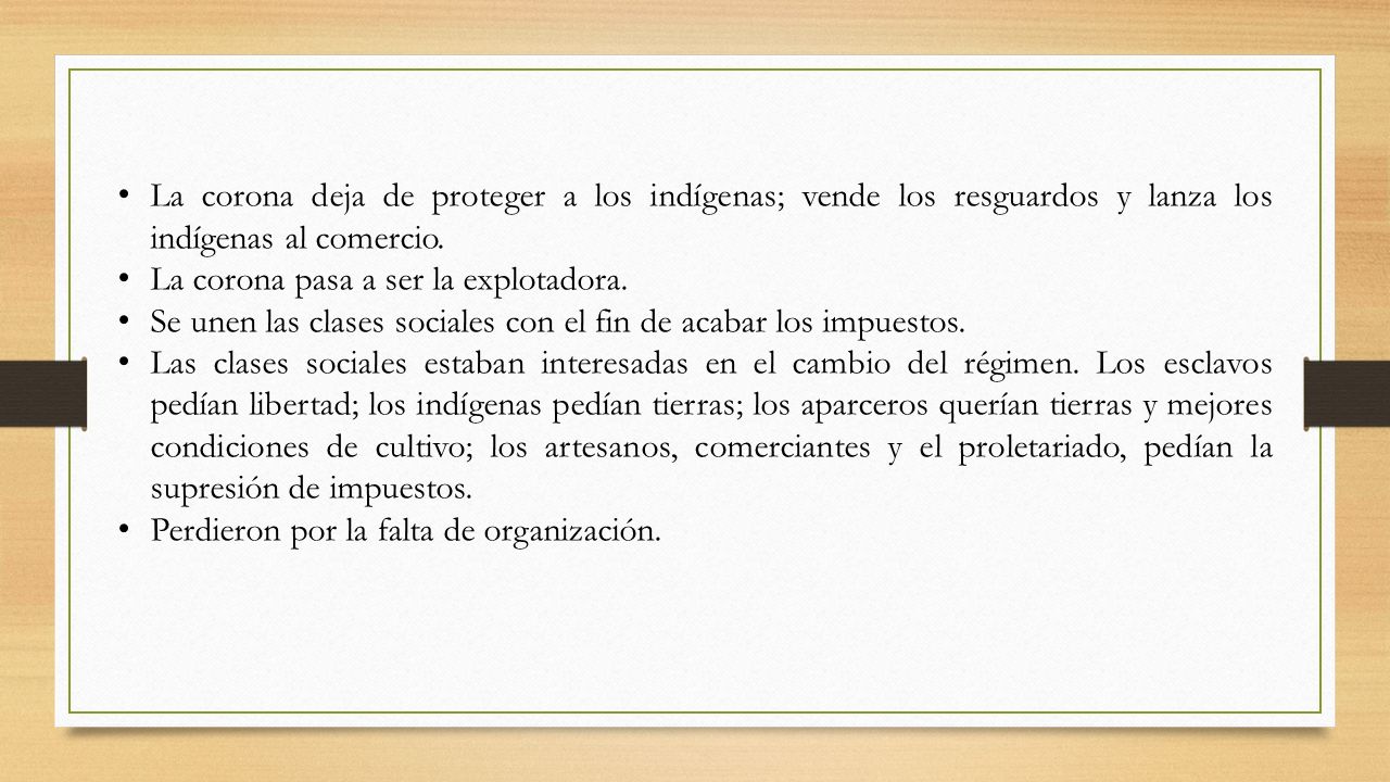 La corona deja de proteger a los indígenas; vende los resguardos y lanza los indígenas al comercio.