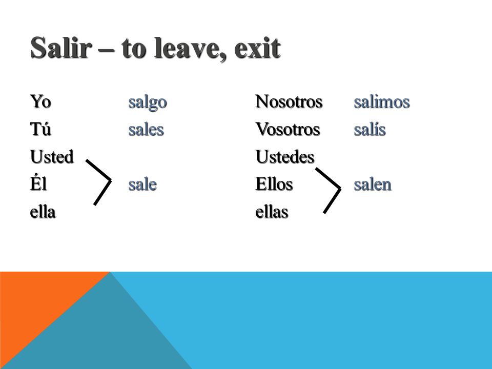 Salir – to leave, exit Yo salgo Tú sales Usted Él sale ella