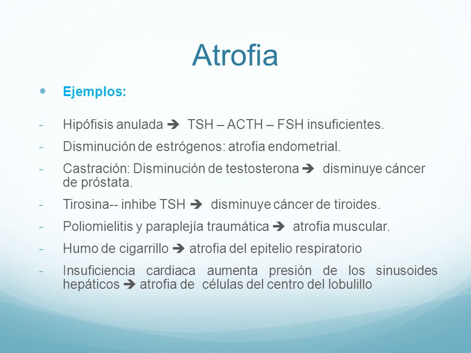Atrofia Ejemplos: Hipófisis anulada  TSH – ACTH – FSH insuficientes.