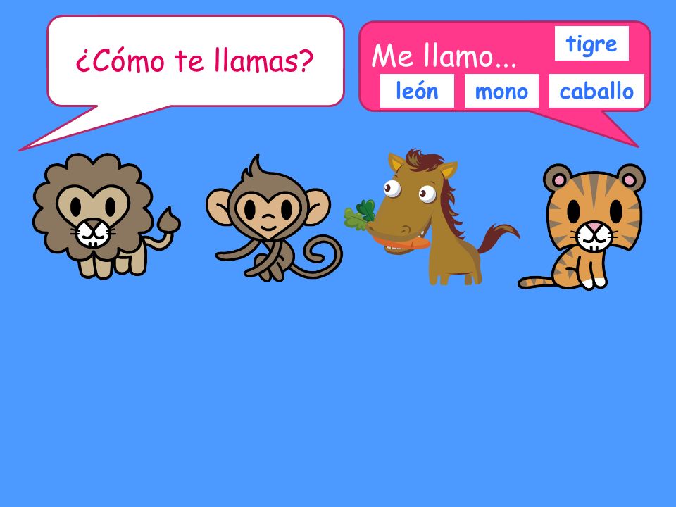 ¿Cómo te llamas Me llamo... tigre león mono caballo Pairwork support