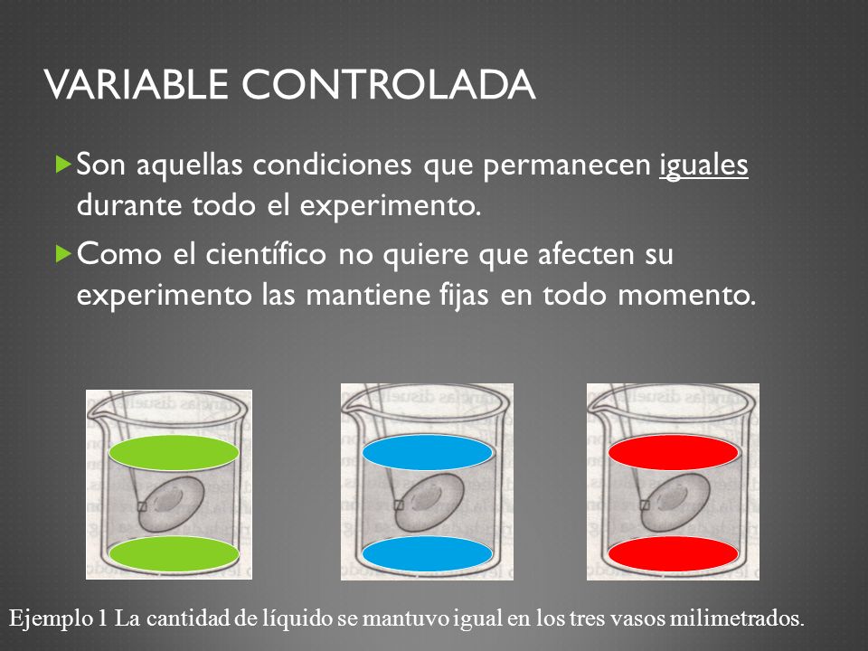 VARIABLE CONTROLADA Son aquellas condiciones que permanecen iguales durante todo el experimento.