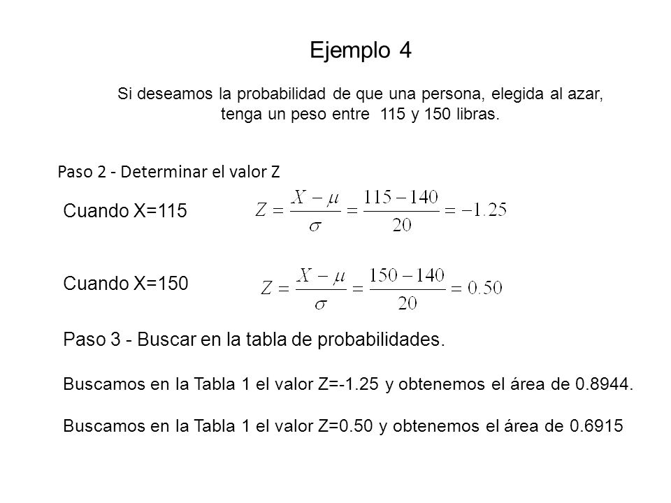 Ejemplo 4 Si deseamos la probabilidad de que una persona, elegida al azar, tenga un peso entre 115 y 150 libras.