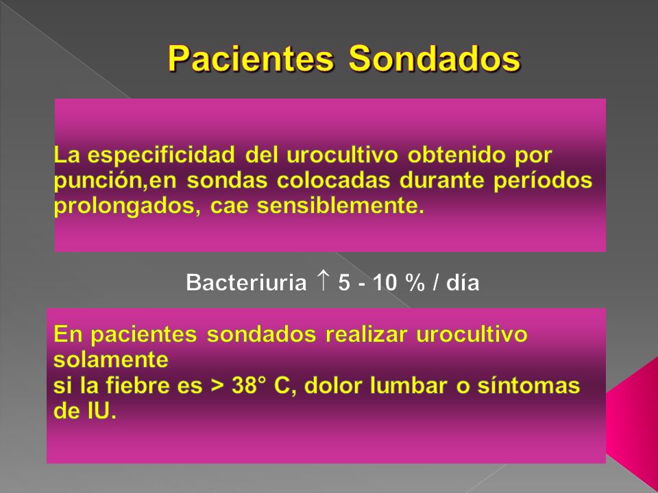 Pacientes Sondados La especificidad del urocultivo obtenido por punción,en sondas colocadas durante períodos prolongados, cae sensiblemente.