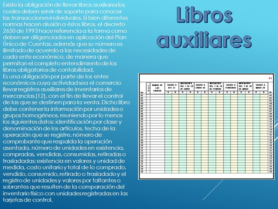 Existe la obligación de llevar libros auxiliares los cuales deben servir de soporte para conocer las transacciones individuales. Si bien diferentes normas hacen alusión a éstos libros, el decreto 2650 de 1993 hace referencia a la forma como deben ser diligenciados en aplicación del Plan Único de Cuentas, además que su número es ilimitado de acuerdo a las necesidades de cada ente económico, de manera que permitan el completo entendimiento de los libros obligatorios de contabilidad.