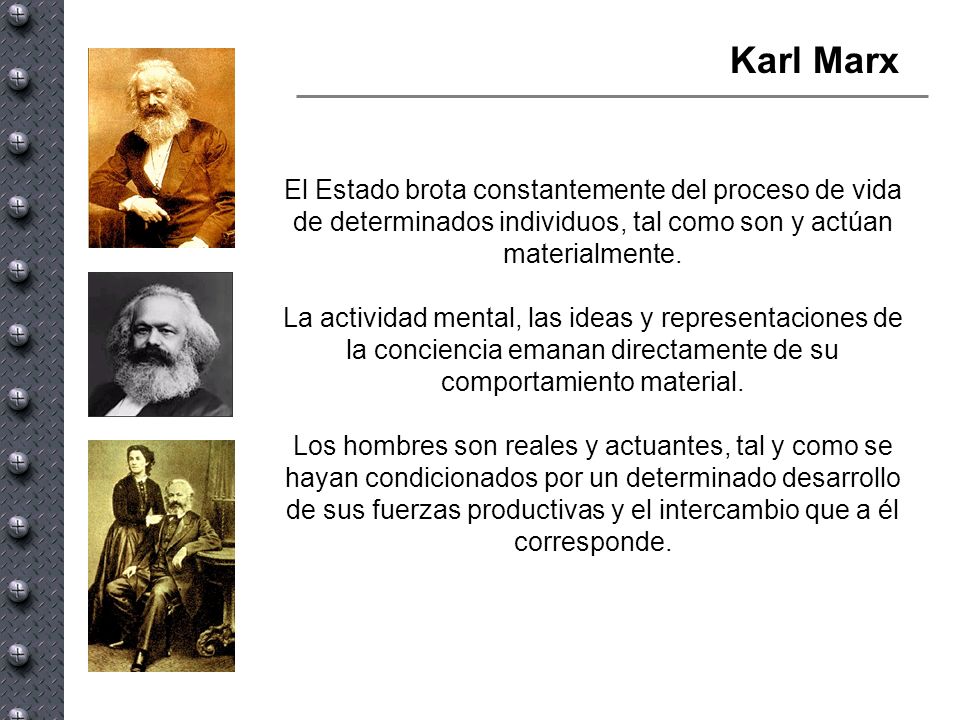Karl Marx El Estado brota constantemente del proceso de vida de determinados individuos, tal como son y actúan materialmente.