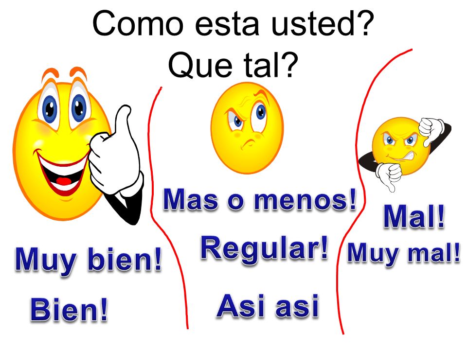 Como esta usted Que tal Mal! Regular! Muy bien! Asi asi Bien!