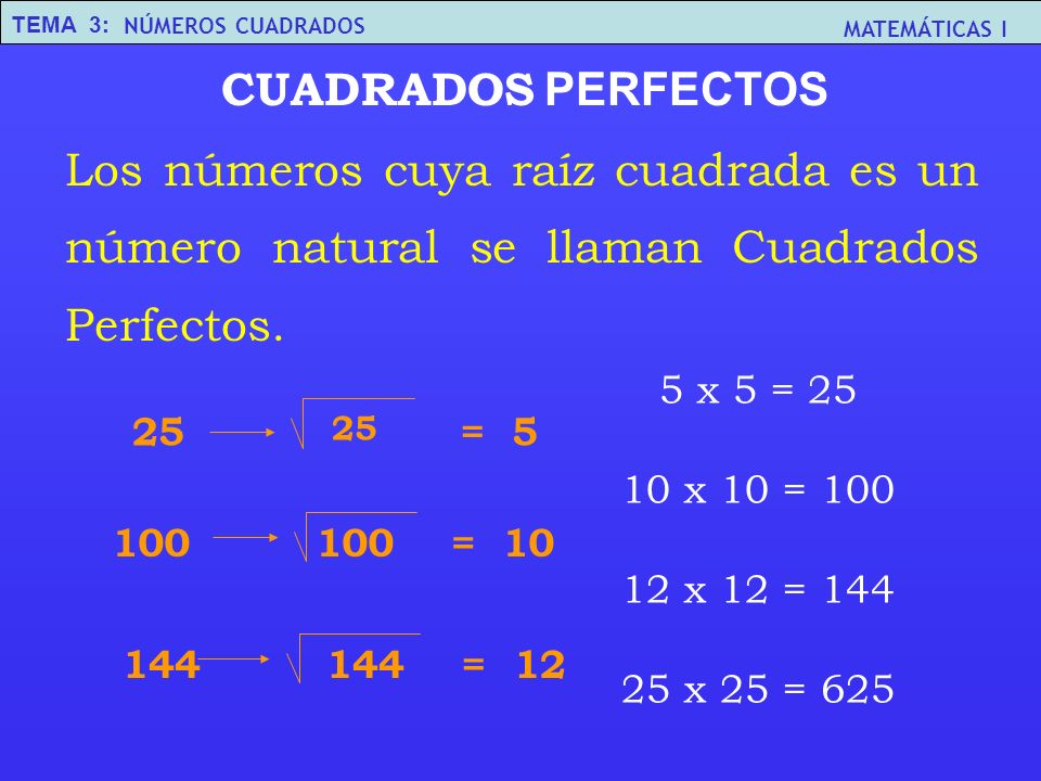 CUADRADOS PERFECTOS Los números cuya raíz cuadrada es un número natural se llaman Cuadrados Perfectos.