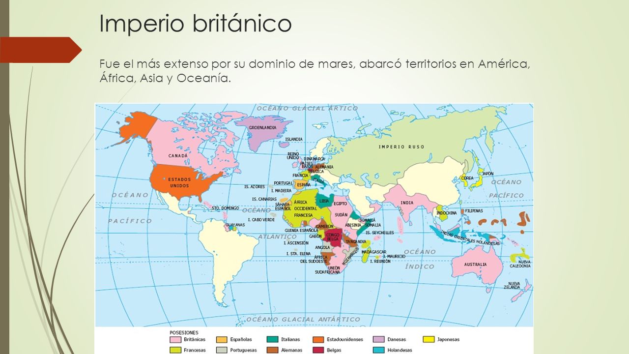 Imperio británico Fue el más extenso por su dominio de mares, abarcó territorios en América, África, Asia y Oceanía.
