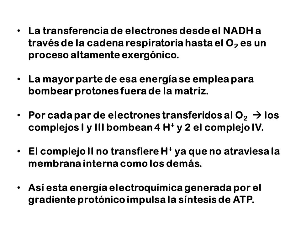 La transferencia de electrones desde el NADH a través de la cadena respiratoria hasta el O2 es un proceso altamente exergónico.