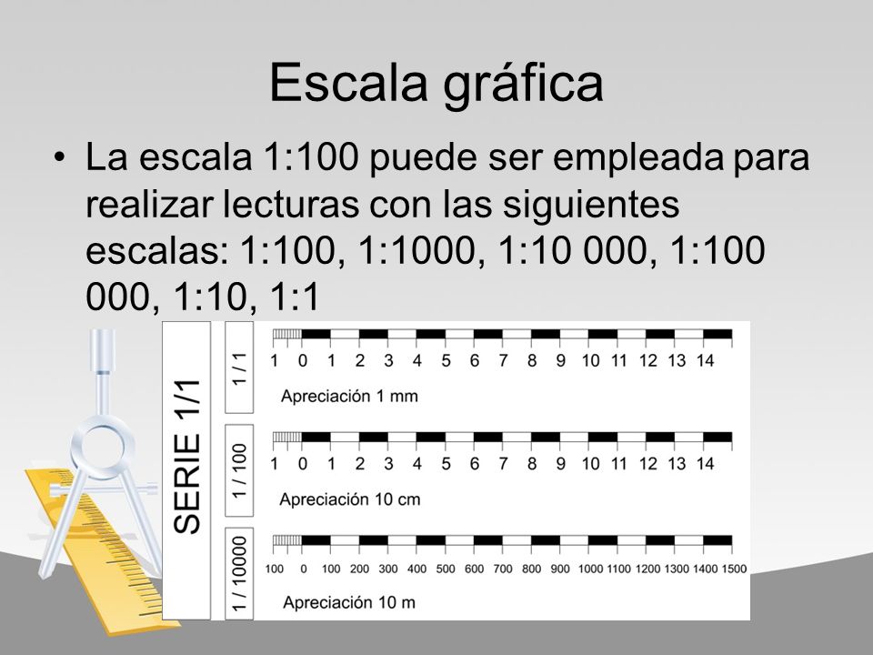 Escala gráfica La escala 1:100 puede ser empleada para realizar lecturas con las siguientes escalas: 1:100, 1:1000, 1:10 000, 1: , 1:10, 1:1.
