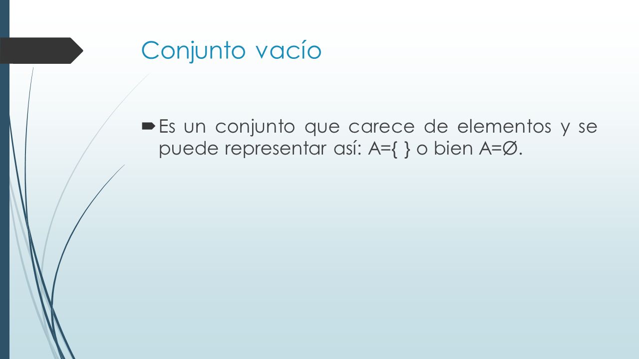 Conjunto vacío Es un conjunto que carece de elementos y se puede representar así: A={ } o bien A=Ø.