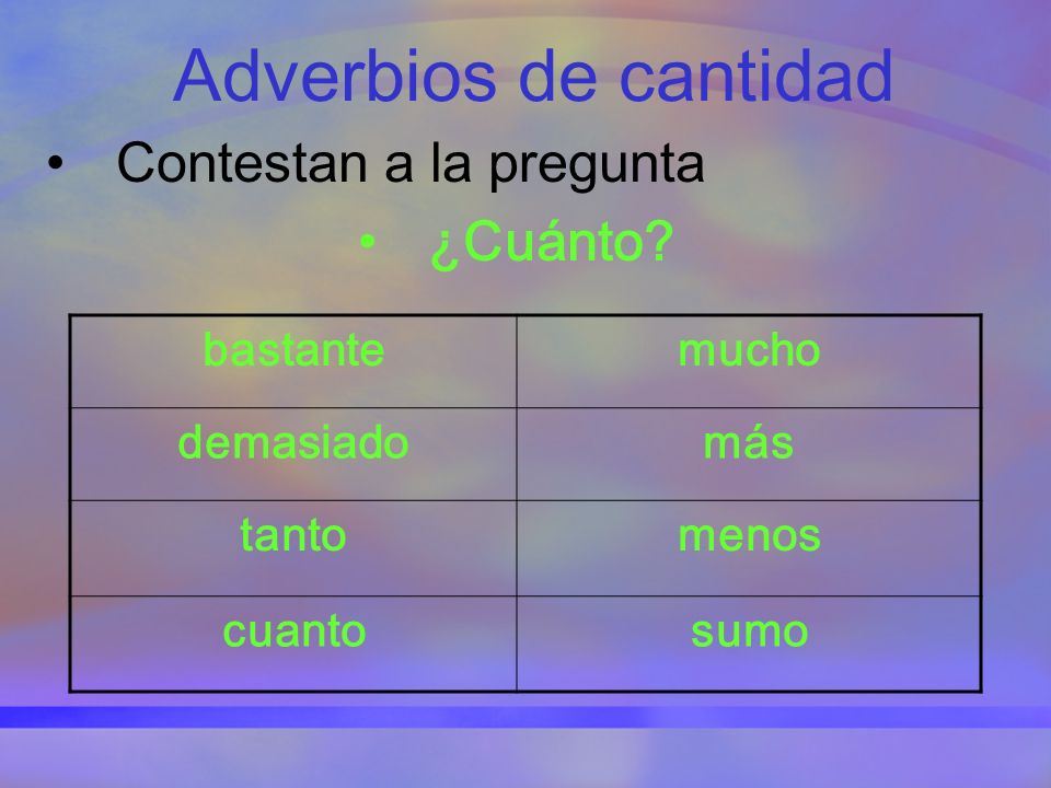 Adverbios de cantidad Contestan a la pregunta ¿Cuánto bastante mucho