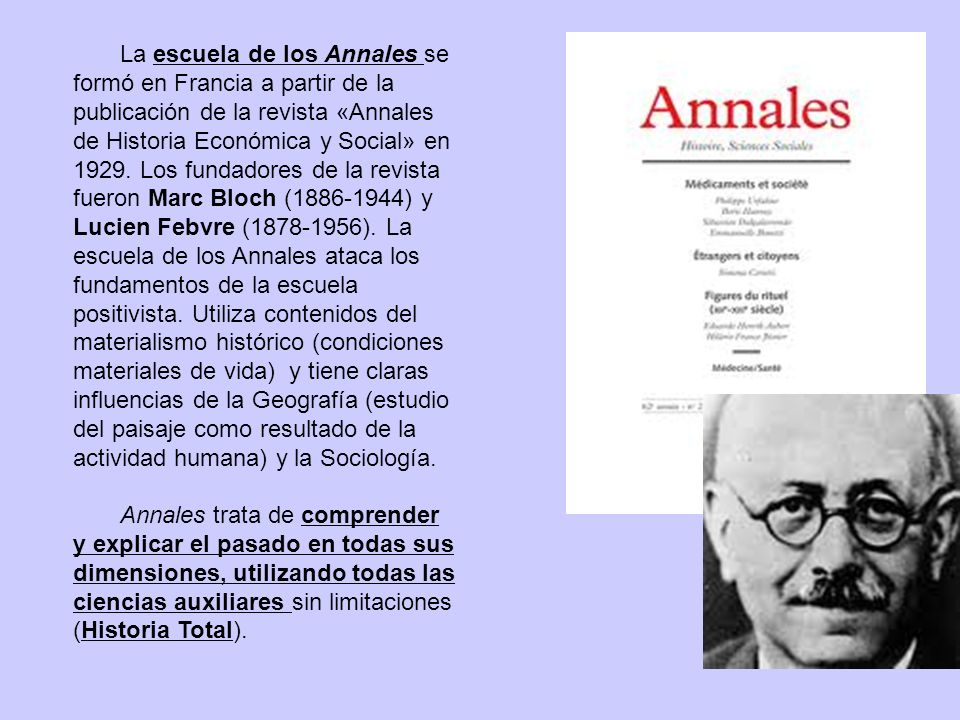 La escuela de los Annales se formó en Francia a partir de la publicación de la revista «Annales de Historia Económica y Social» en Los fundadores de la revista fueron Marc Bloch ( ) y Lucien Febvre ( ). La escuela de los Annales ataca los fundamentos de la escuela positivista. Utiliza contenidos del materialismo histórico (condiciones materiales de vida) y tiene claras influencias de la Geografía (estudio del paisaje como resultado de la actividad humana) y la Sociología.