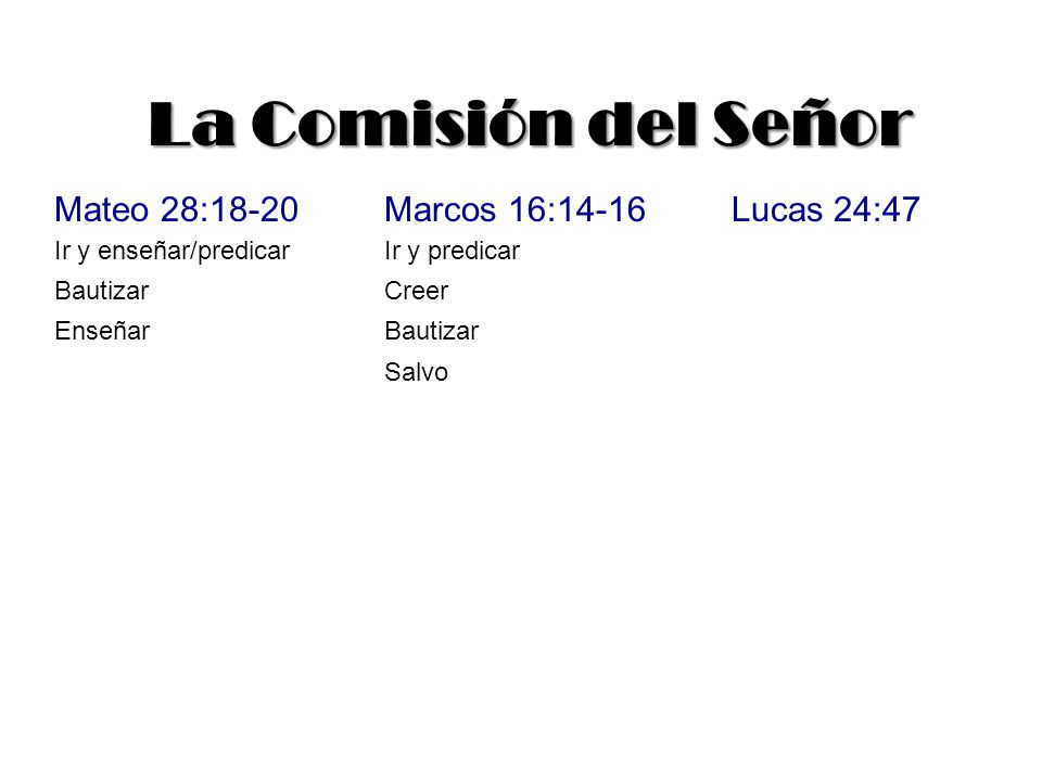 La Comisión del Señor Mateo 28:18-20 Marcos 16:14-16 Lucas 24:47