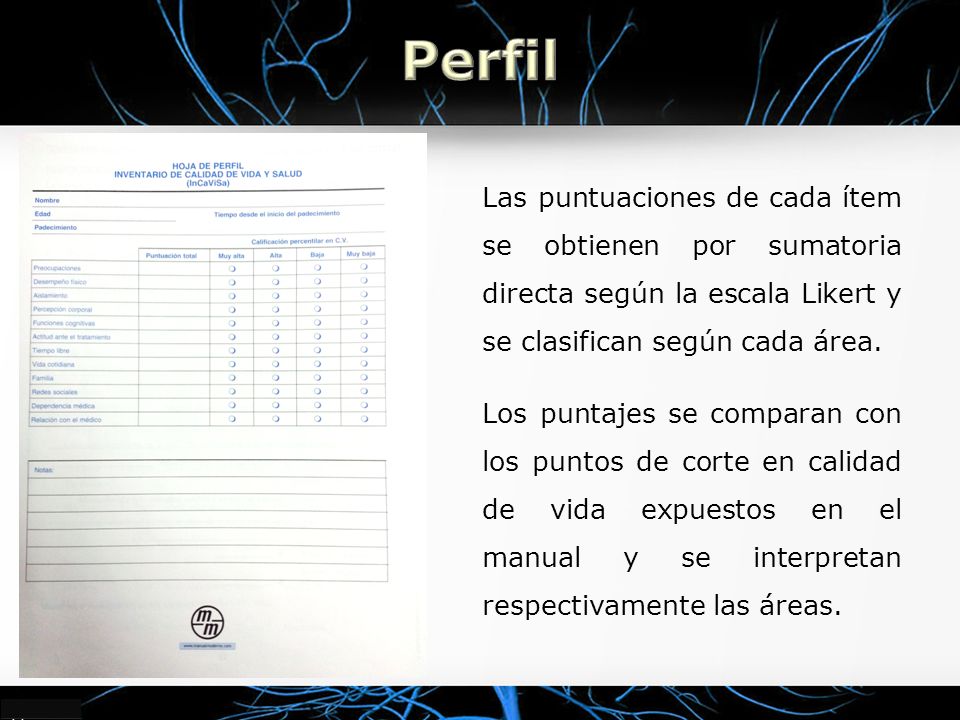 Perfil Las puntuaciones de cada ítem se obtienen por sumatoria directa según la escala Likert y se clasifican según cada área.