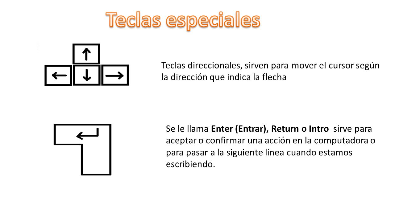 Teclas especiales Teclas direccionales, sirven para mover el cursor según la dirección que indica la flecha.