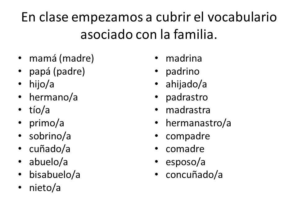 En clase empezamos a cubrir el vocabulario asociado con la familia.