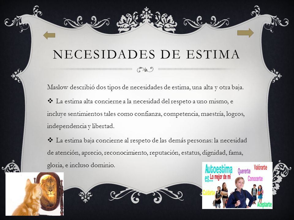 Necesidades de estima Maslow describió dos tipos de necesidades de estima, una alta y otra baja.