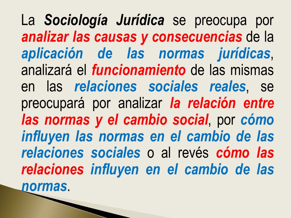 La Sociología Jurídica se preocupa por analizar las causas y consecuencias de la aplicación de las normas jurídicas, analizará el funcionamiento de las mismas en las relaciones sociales reales, se preocupará por analizar la relación entre las normas y el cambio social, por cómo influyen las normas en el cambio de las relaciones sociales o al revés cómo las relaciones influyen en el cambio de las normas.