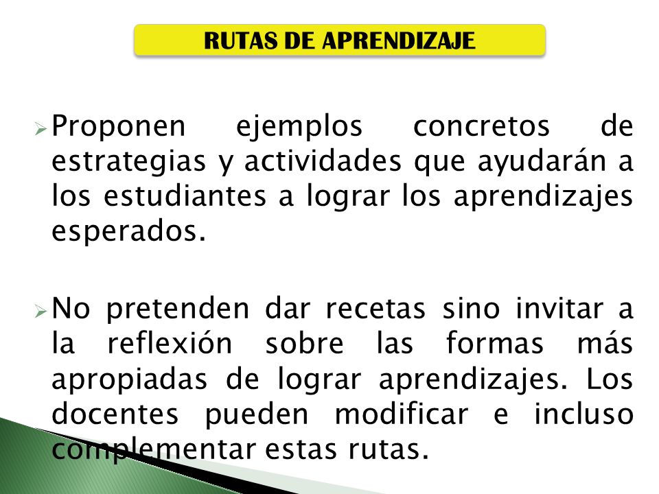 RUTAS DE APRENDIZAJE Proponen ejemplos concretos de estrategias y actividades que ayudarán a los estudiantes a lograr los aprendizajes esperados.