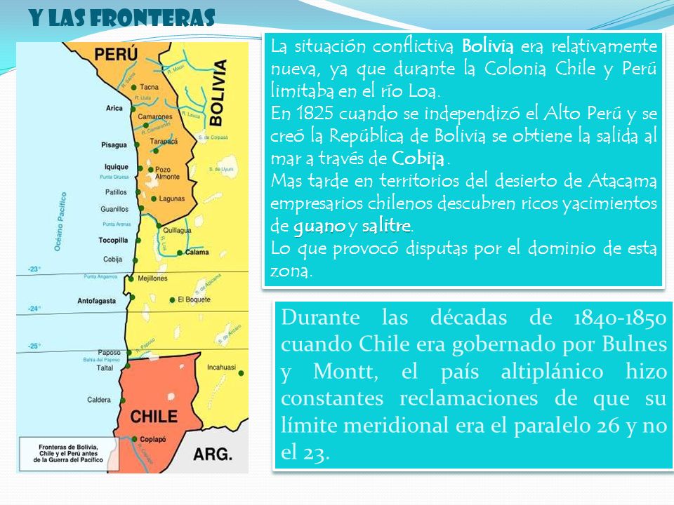 Y las fronteras La situación conflictiva Bolivia era relativamente nueva, ya que durante la Colonia Chile y Perú limitaba en el río Loa.