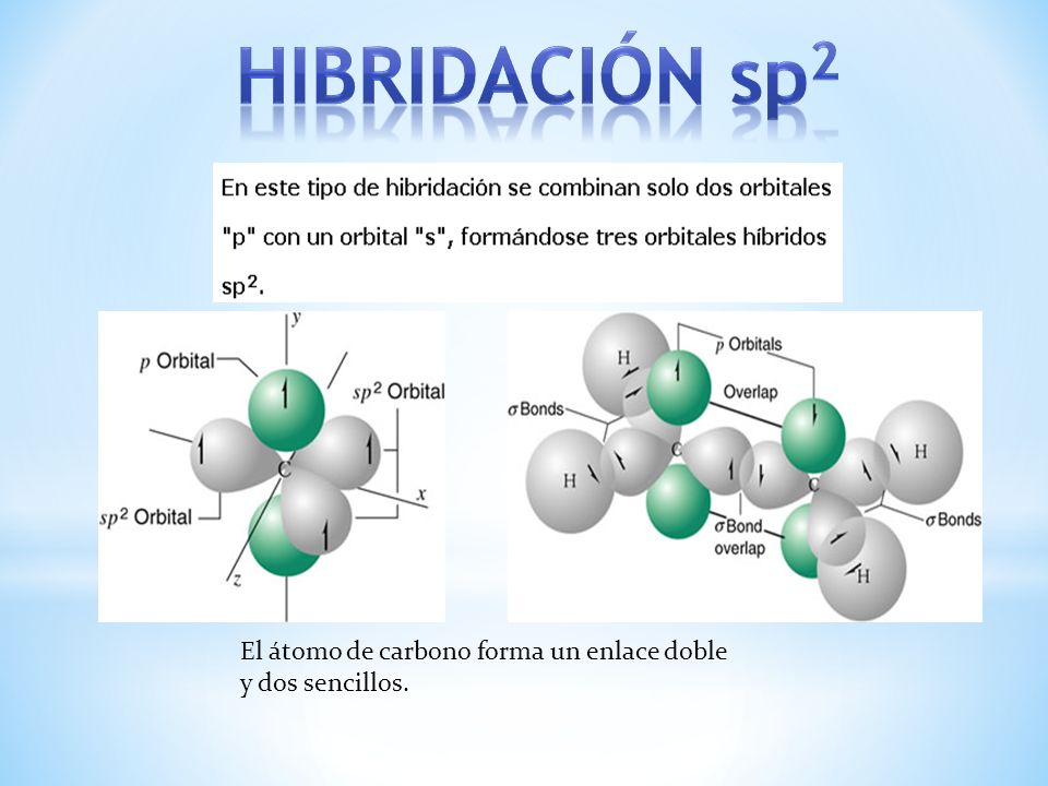 Hibridación sp2 El átomo de carbono forma un enlace doble y dos sencillos.