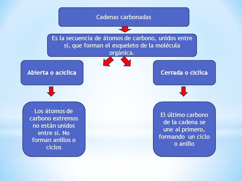 Cadenas carbonadas Es la secuencia de átomos de carbono, unidos entre sí, que forman el esqueleto de la molécula orgánica.