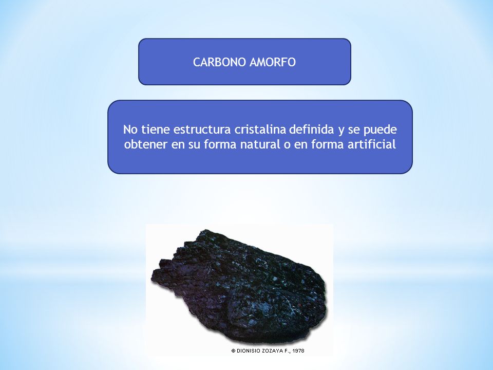 CARBONO AMORFO No tiene estructura cristalina definida y se puede obtener en su forma natural o en forma artificial.