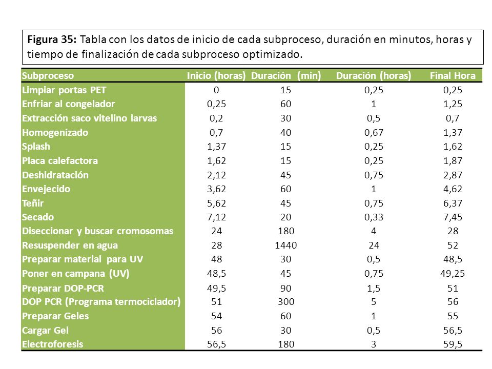 Figura 35: Tabla con los datos de inicio de cada subproceso, duración en minutos, horas y tiempo de finalización de cada subproceso optimizado.