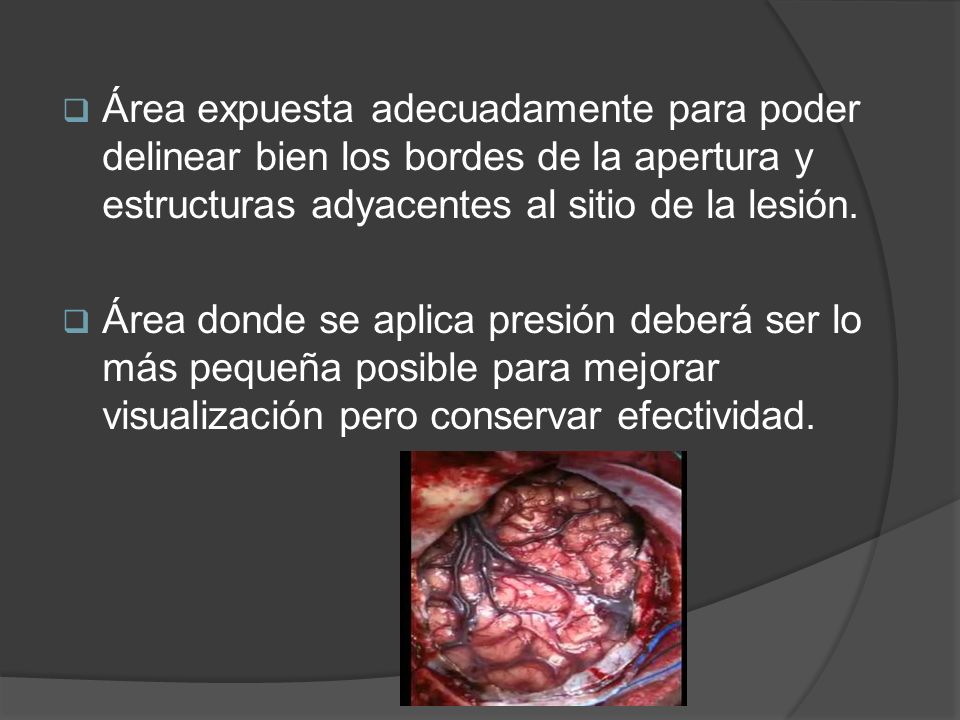 Área expuesta adecuadamente para poder delinear bien los bordes de la apertura y estructuras adyacentes al sitio de la lesión.