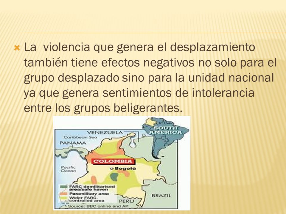 La violencia que genera el desplazamiento también tiene efectos negativos no solo para el grupo desplazado sino para la unidad nacional ya que genera sentimientos de intolerancia entre los grupos beligerantes.