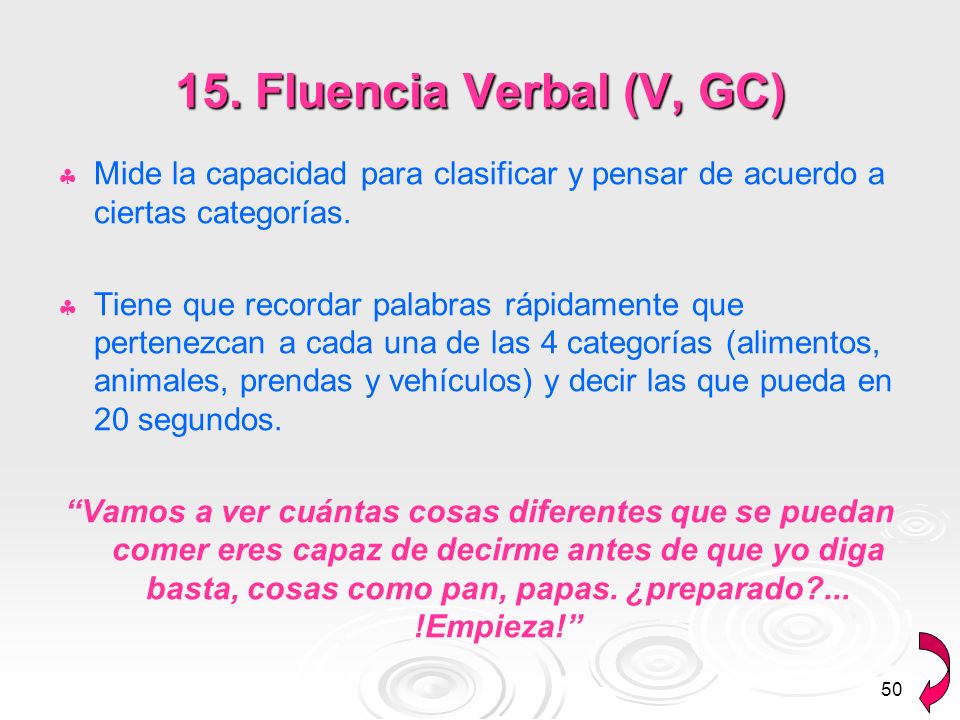15. Fluencia Verbal (V, GC) Mide la capacidad para clasificar y pensar de acuerdo a ciertas categorías.