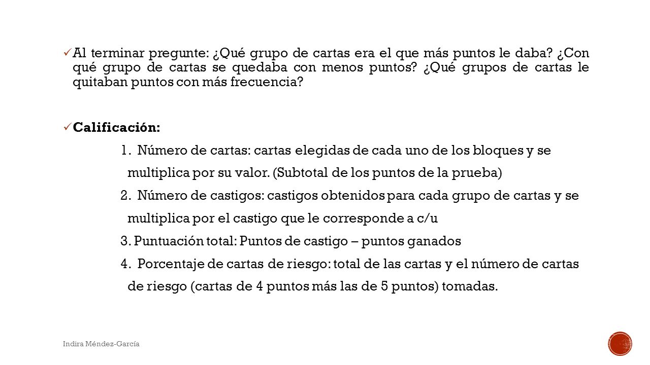 1. Número de cartas: cartas elegidas de cada uno de los bloques y se