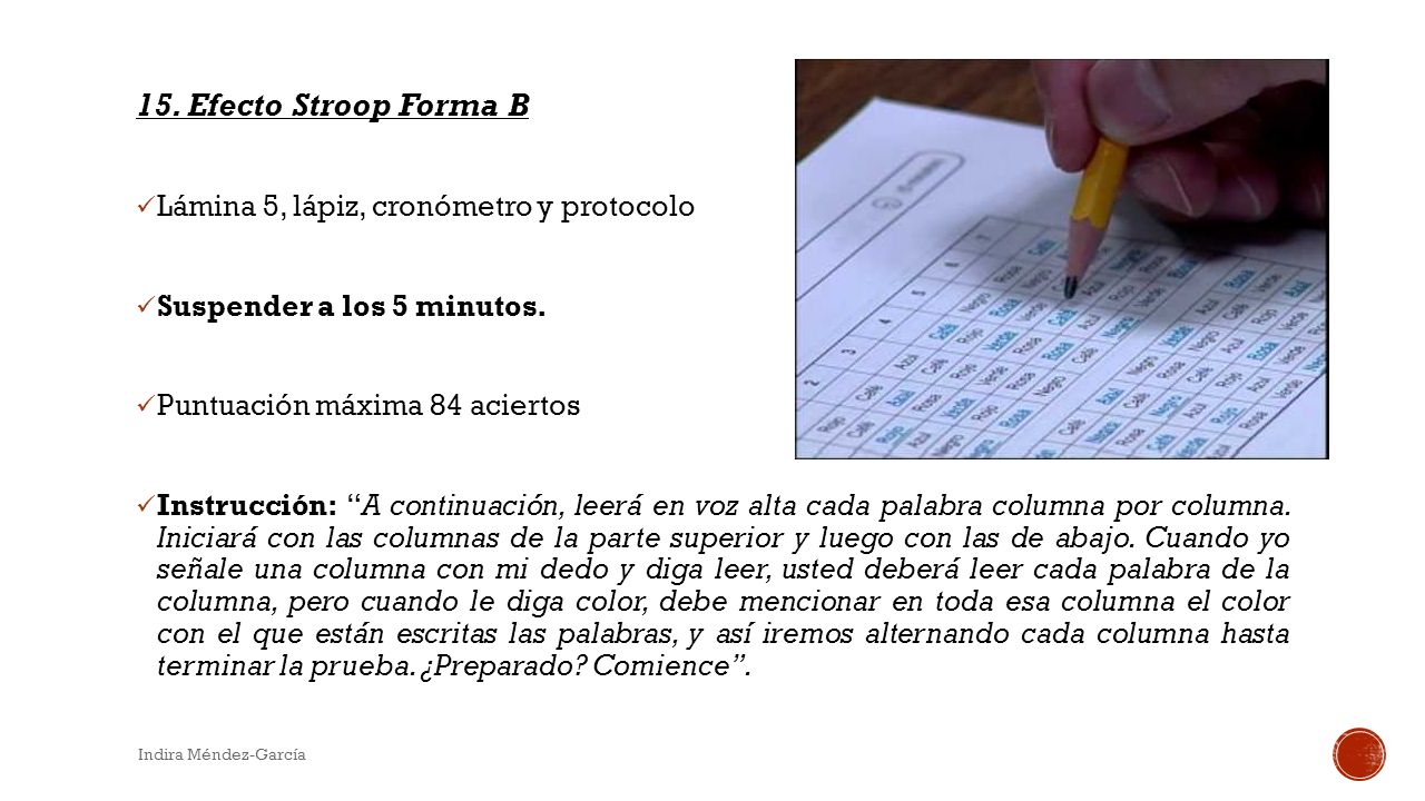 15. Efecto Stroop Forma B Lámina 5, lápiz, cronómetro y protocolo