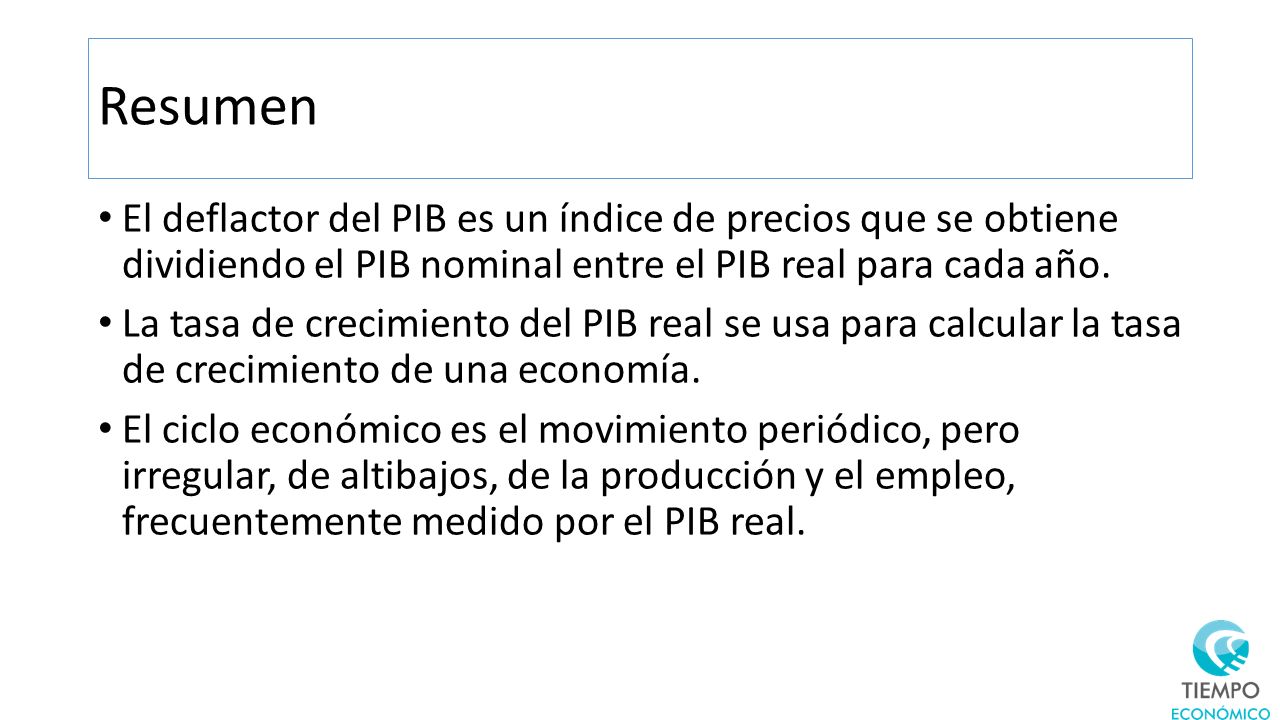 Resumen El deflactor del PIB es un índice de precios que se obtiene dividiendo el PIB nominal entre el PIB real para cada año.
