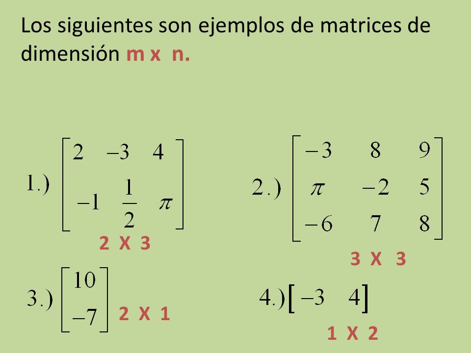 Los siguientes son ejemplos de matrices de dimensión m x n.