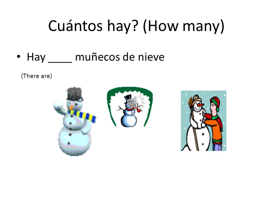 Cuántos hay (How many) Hay ____ muñecos de nieve (There are)
