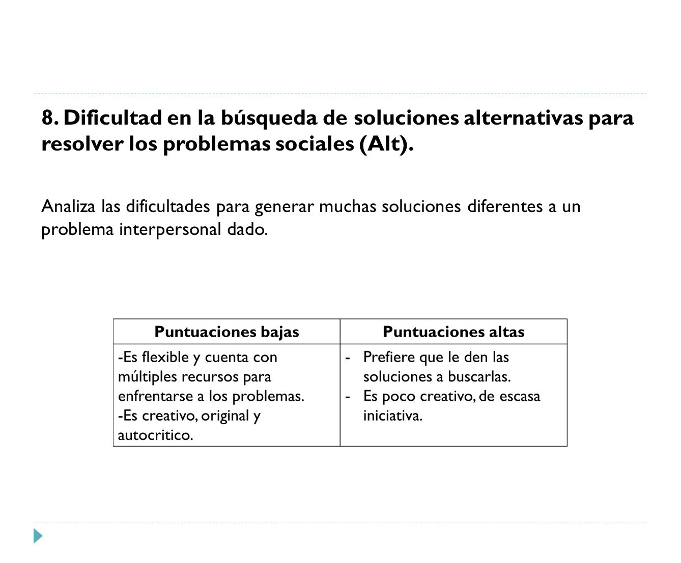 8. Dificultad en la búsqueda de soluciones alternativas para resolver los problemas sociales (Alt).