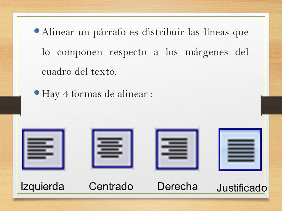 Alinear un párrafo es distribuir las líneas que lo componen respecto a los márgenes del cuadro del texto.