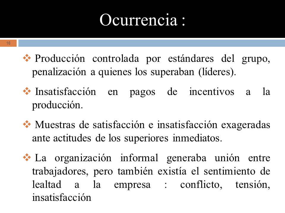 Ocurrencia : Producción controlada por estándares del grupo, penalización a quienes los superaban (líderes).