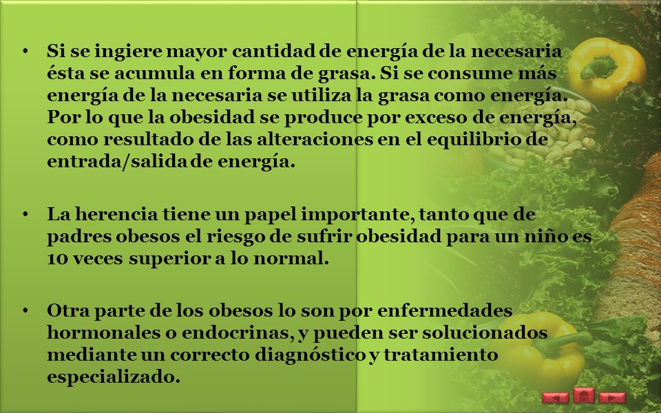 Si se ingiere mayor cantidad de energía de la necesaria ésta se acumula en forma de grasa. Si se consume más energía de la necesaria se utiliza la grasa como energía. Por lo que la obesidad se produce por exceso de energía, como resultado de las alteraciones en el equilibrio de entrada/salida de energía.