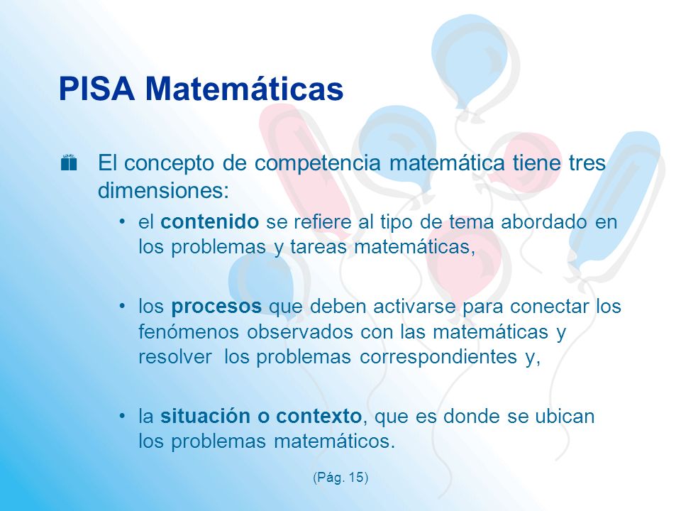 PISA Matemáticas El concepto de competencia matemática tiene tres dimensiones: