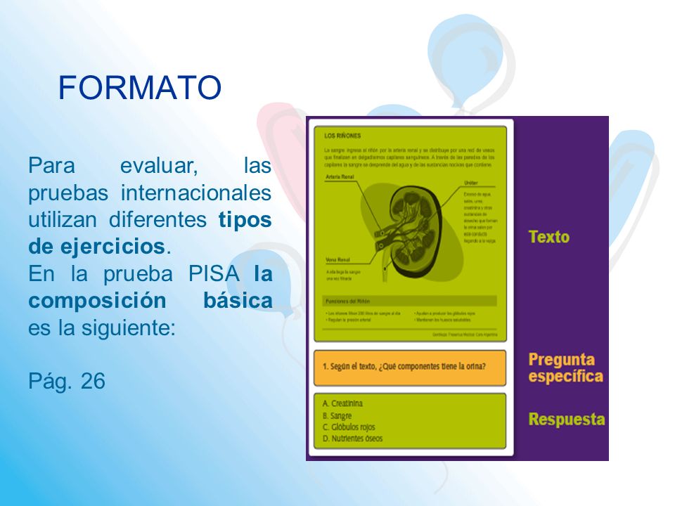 FORMATO Para evaluar, las pruebas internacionales utilizan diferentes tipos de ejercicios. En la prueba PISA la composición básica es la siguiente: