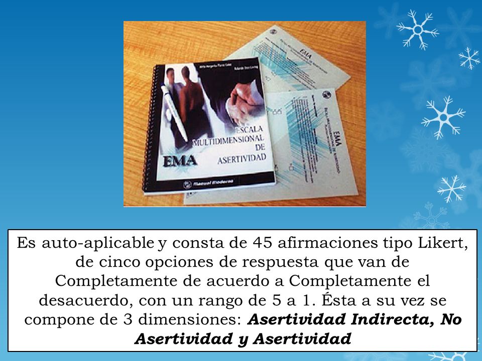 Es auto-aplicable y consta de 45 afirmaciones tipo Likert, de cinco opciones de respuesta que van de Completamente de acuerdo a Completamente el desacuerdo, con un rango de 5 a 1.
